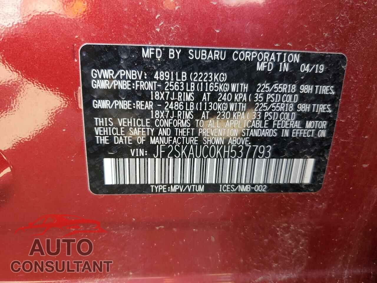 SUBARU FORESTER 2019 - JF2SKAUC0KH537793