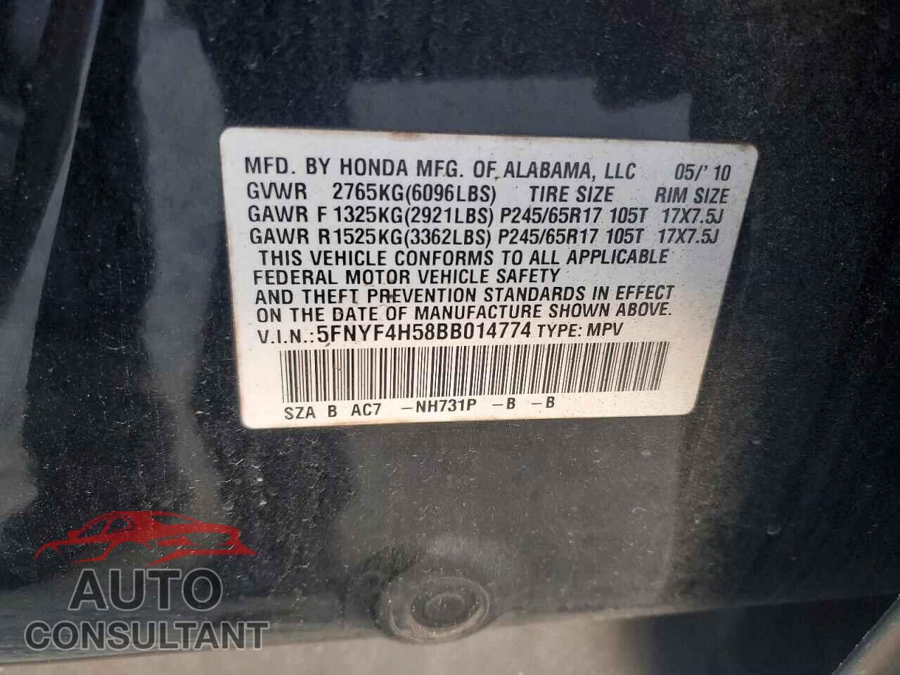 HONDA PILOT 2011 - 5FNYF4H58BB014774