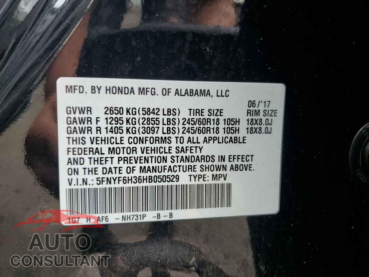 HONDA PILOT 2017 - 5FNYF6H36HB050529