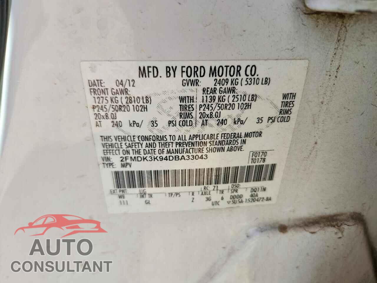 FORD EDGE 2013 - 2FMDK3K94DBA33043