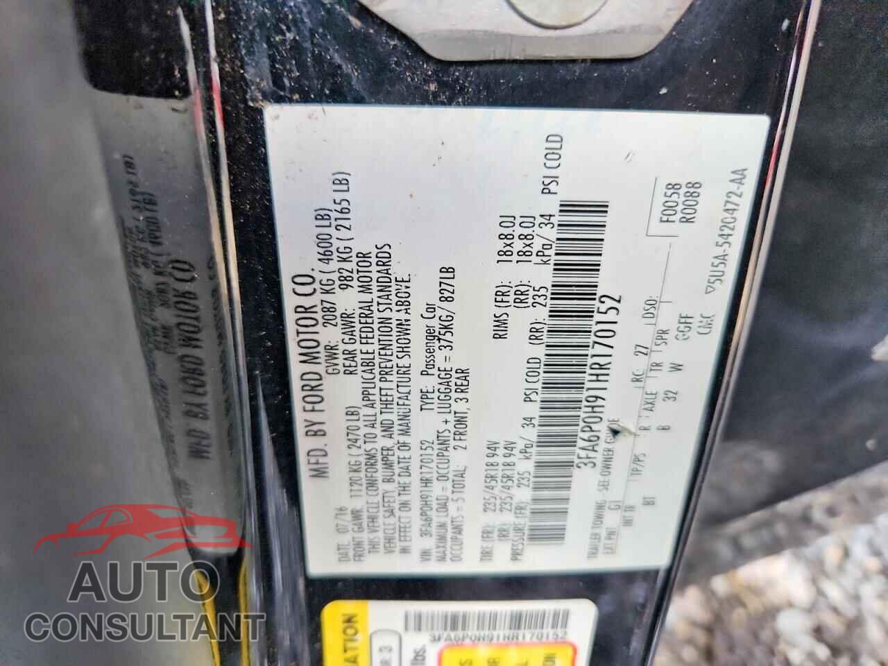 FORD FUSION 2017 - 3FA6P0H91HR170152