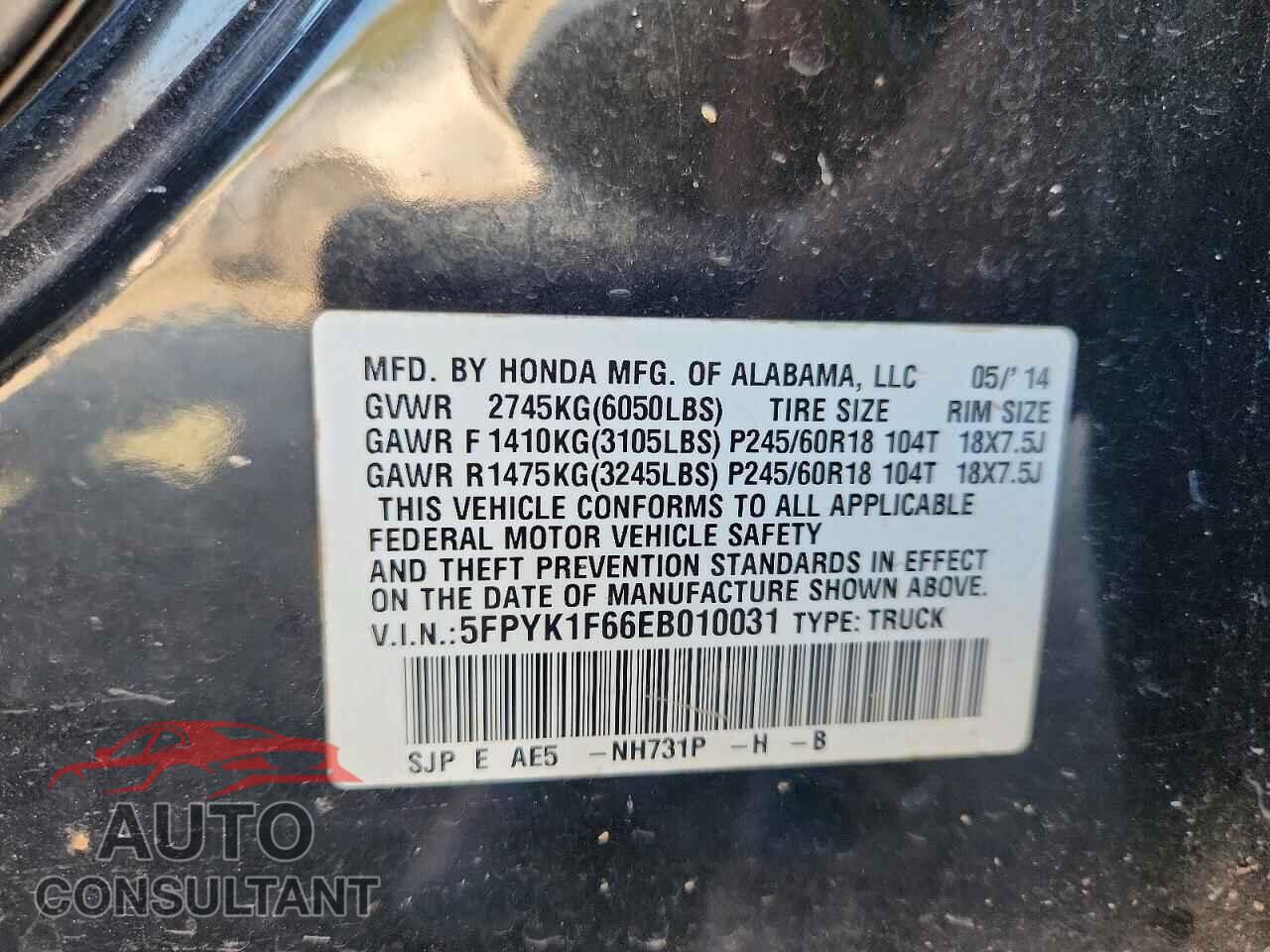 HONDA RIDGELINE 2014 - 5FPYK1F66EB010031