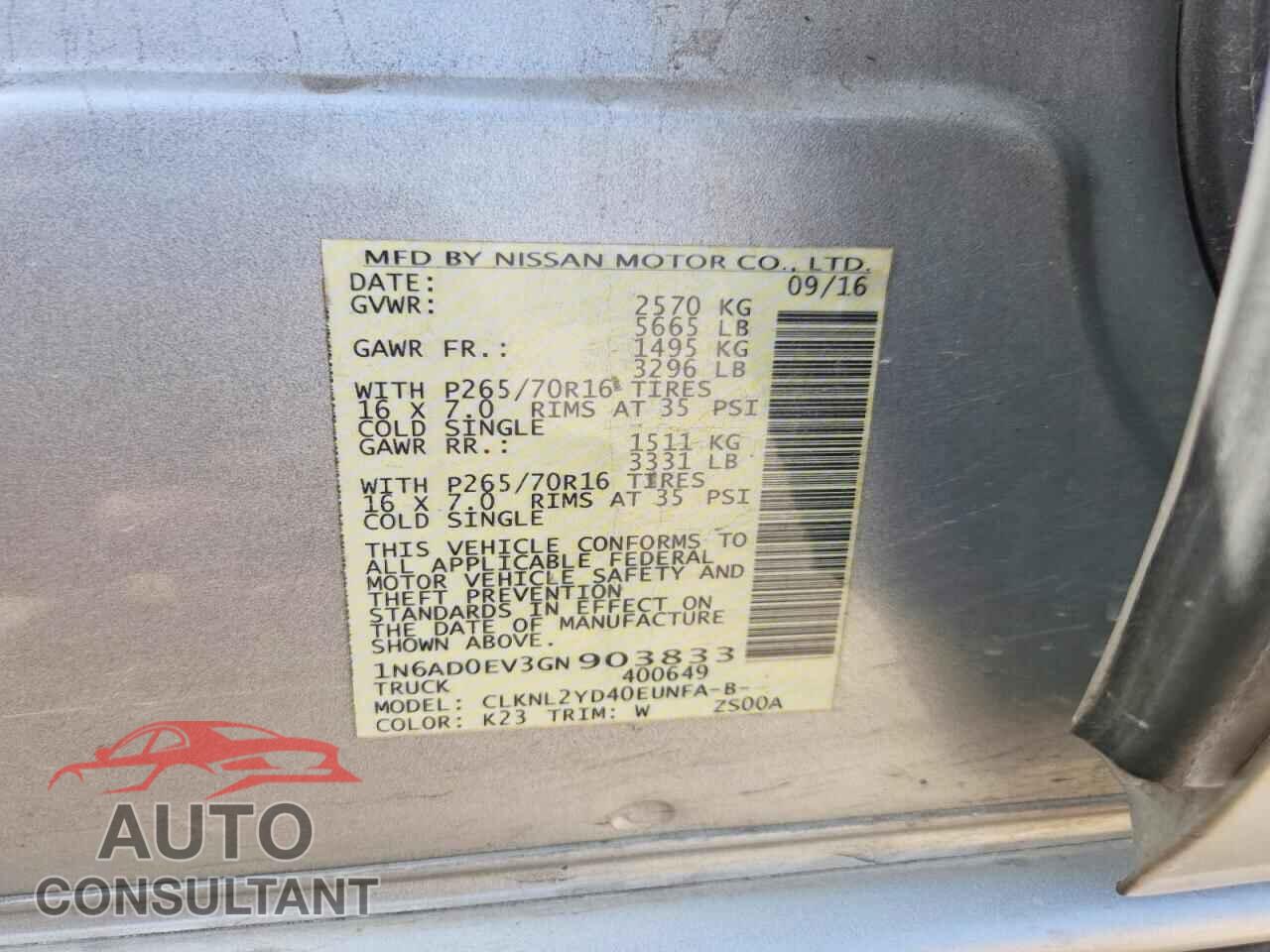 NISSAN FRONTIER 2016 - 1N6AD0EV3GN903833