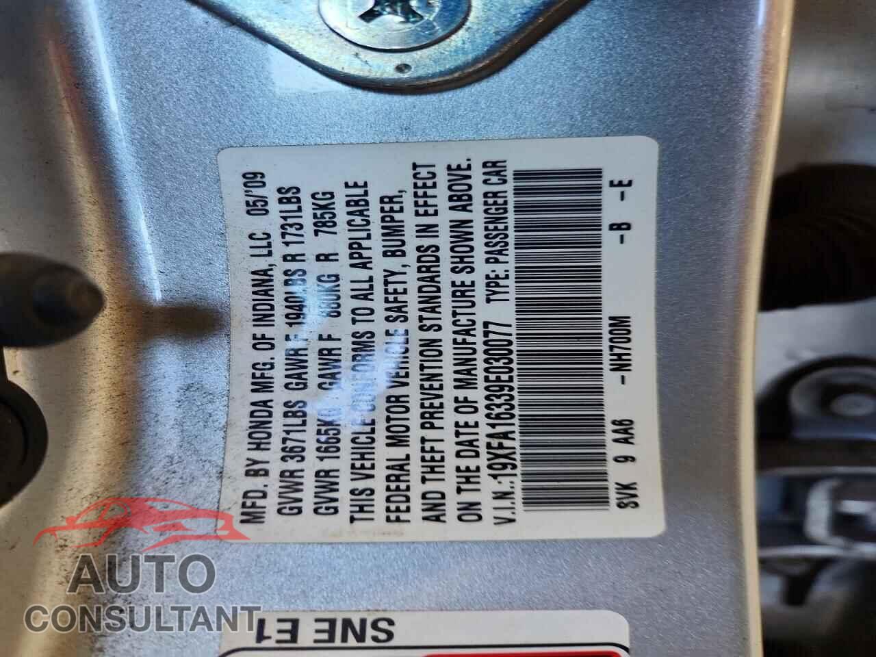 HONDA CIVIC 2009 - 19XFA16339E030077