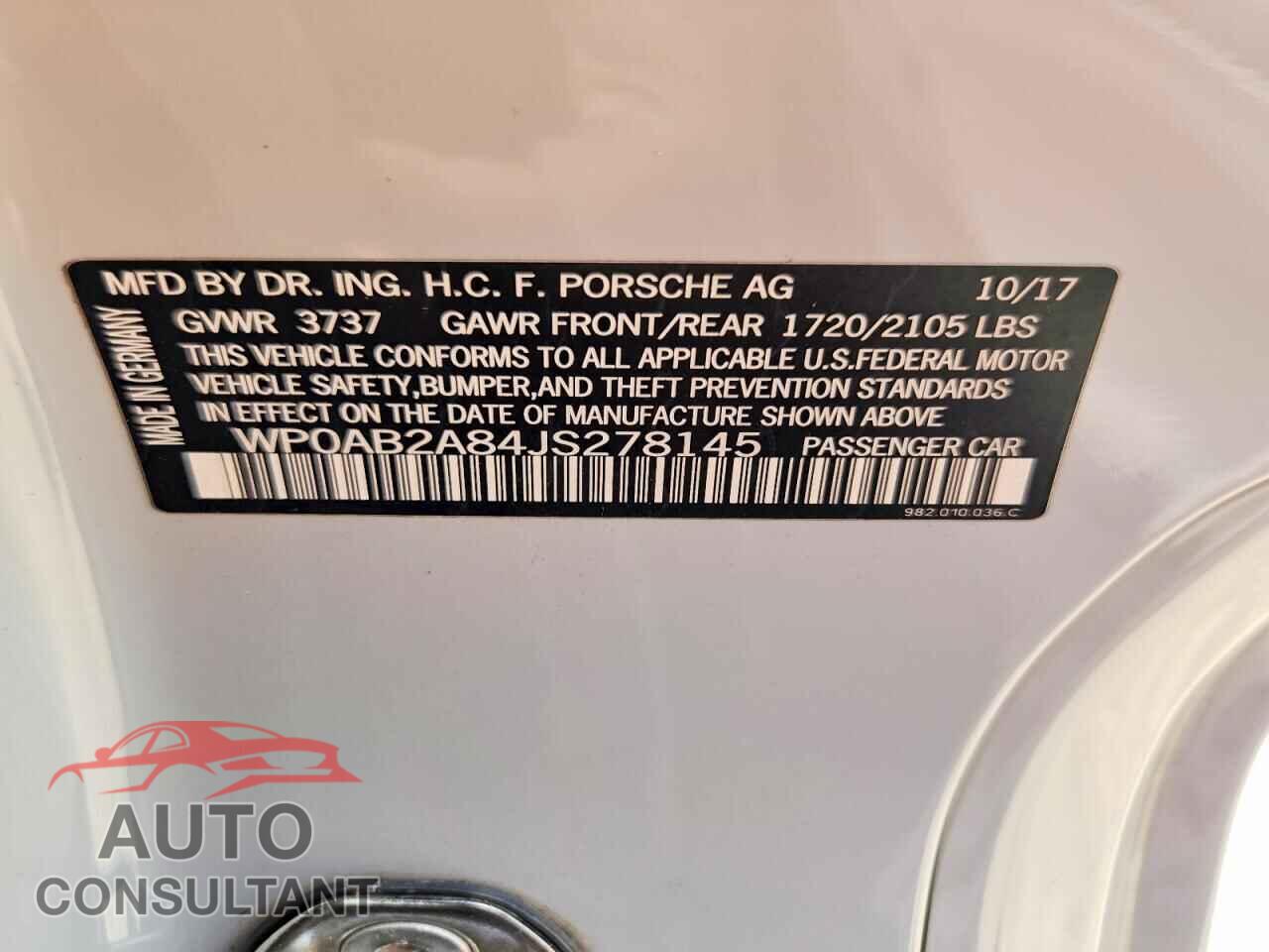 PORSCHE CAYMAN 2018 - WP0AB2A84JS278145