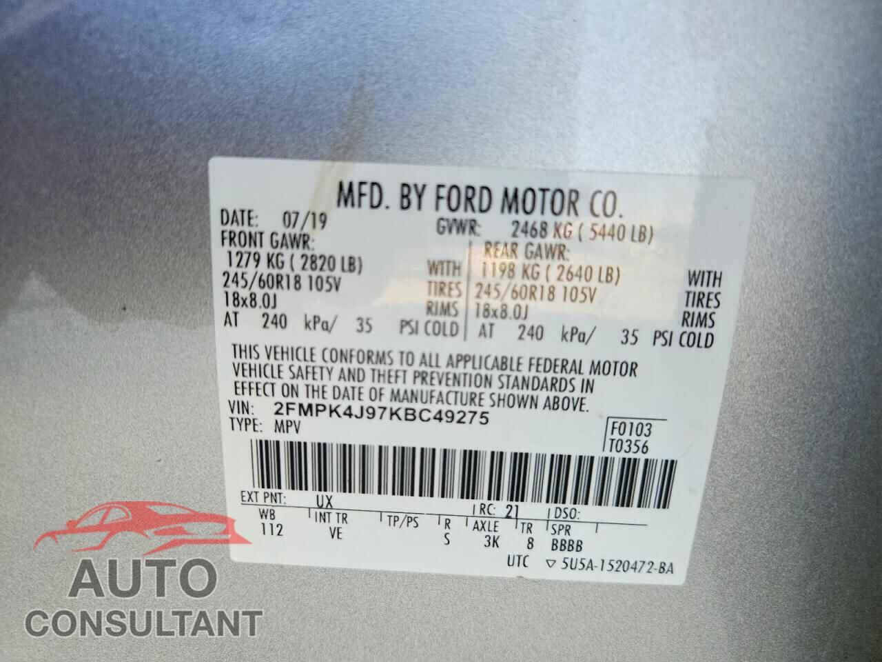 FORD EDGE 2019 - 2FMPK4J97KBC49275