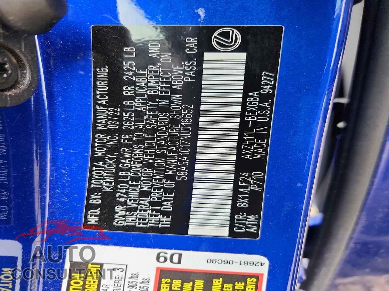 LEXUS ES300 2022 - 58AGA1C17NU018652