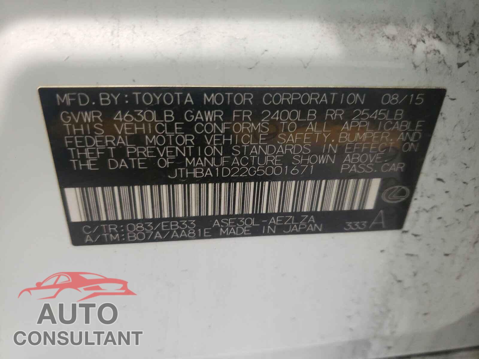 LEXUS IS 2016 - JTHBA1D22G5001671