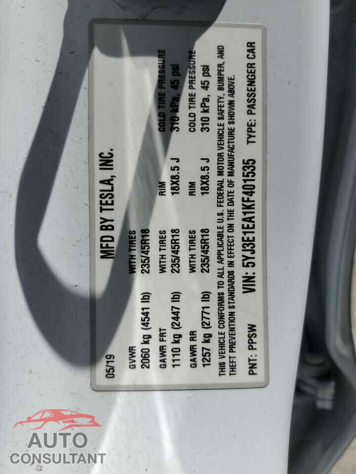TESLA MODEL 3 2019 - 5YJ3E1EA1KF401535