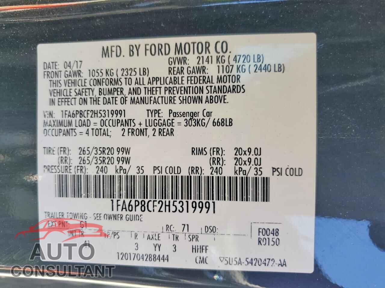 FORD MUSTANG 2017 - 1FA6P8CF2H5319991