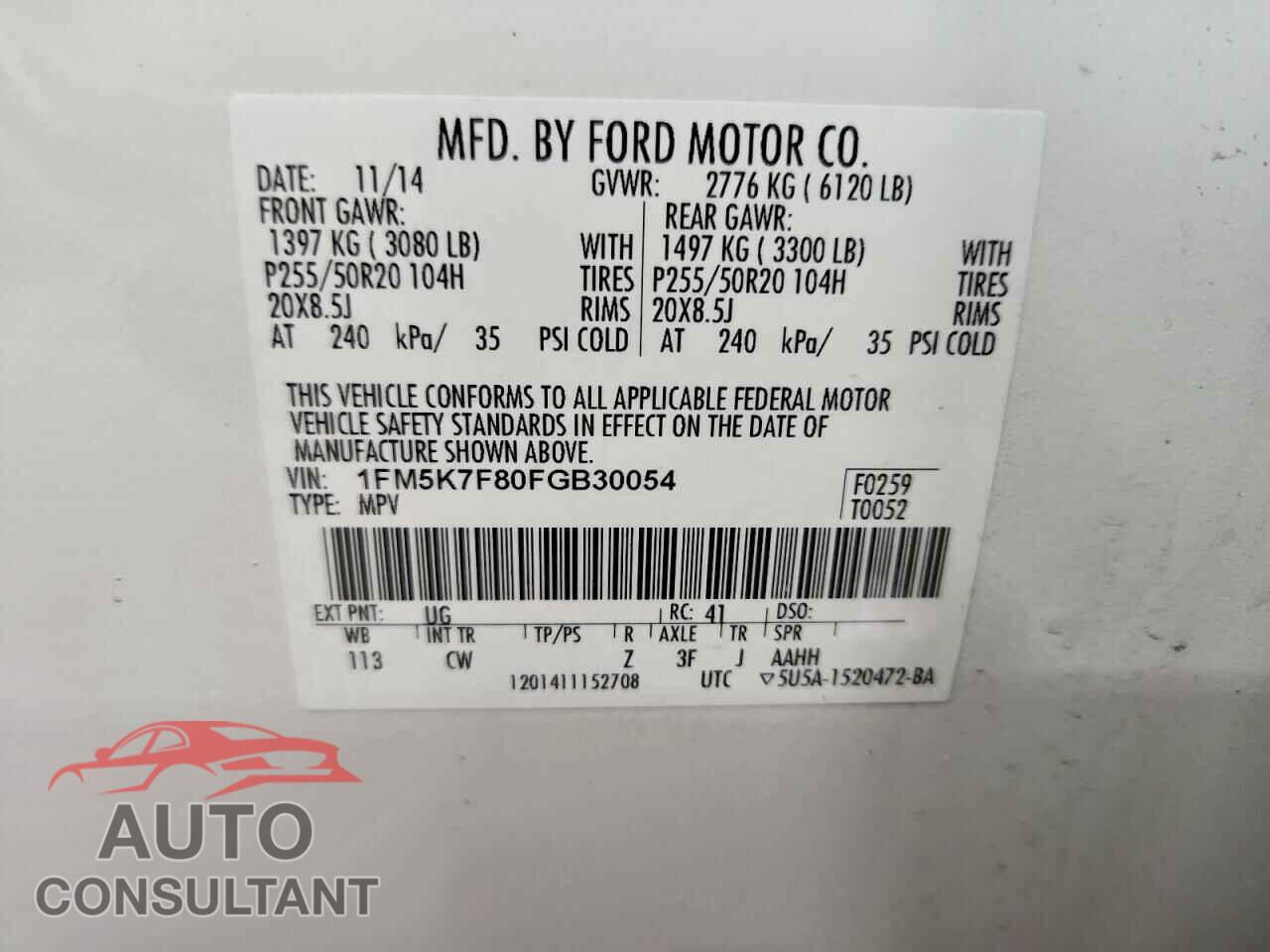 FORD EXPLORER 2015 - 1FM5K7F80FGB30054