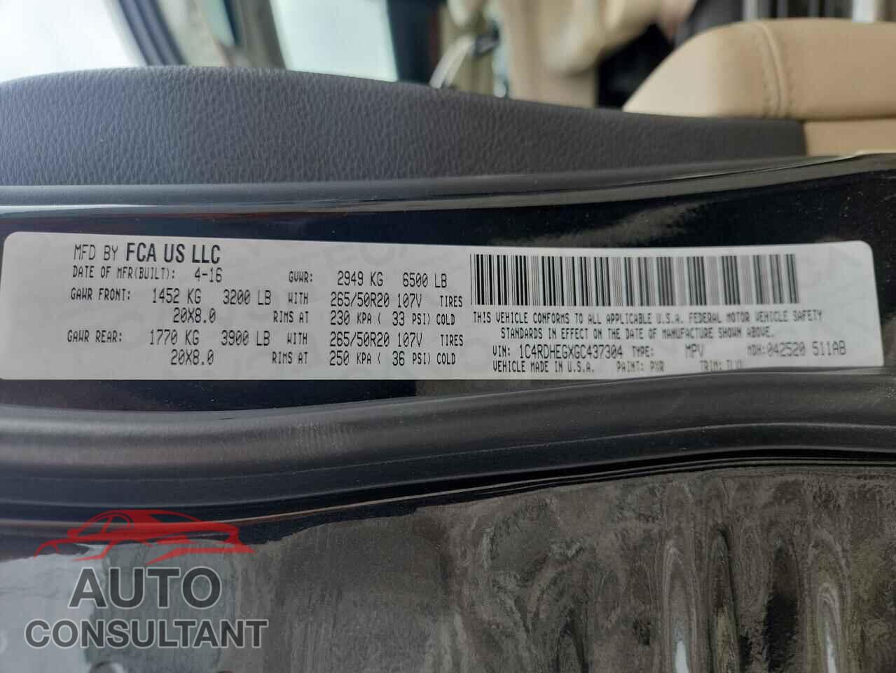DODGE DURANGO 2016 - 1C4RDHEGXGC437304