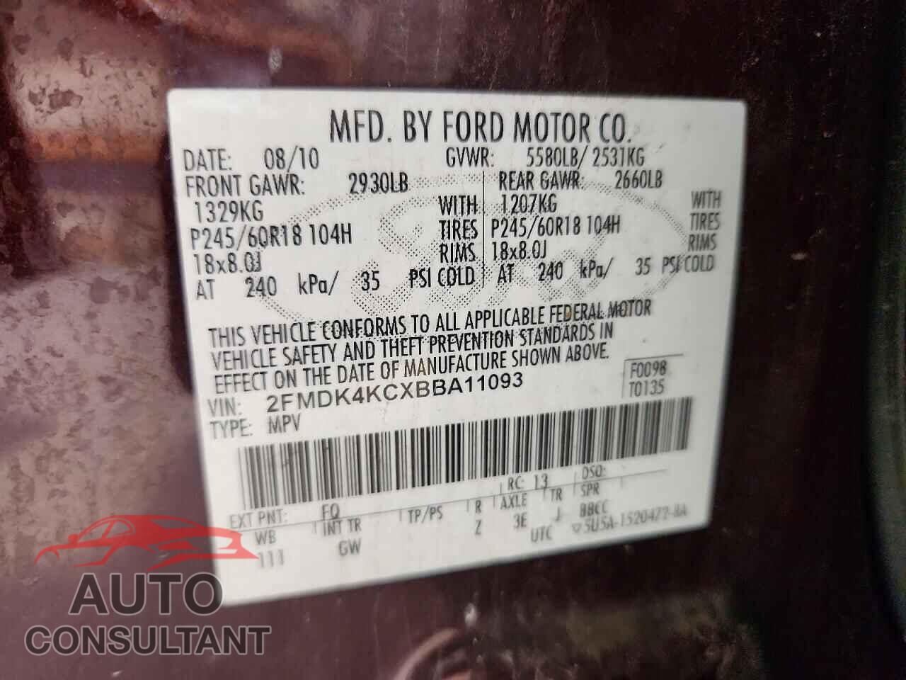 FORD EDGE 2011 - 2FMDK4KCXBBA11093