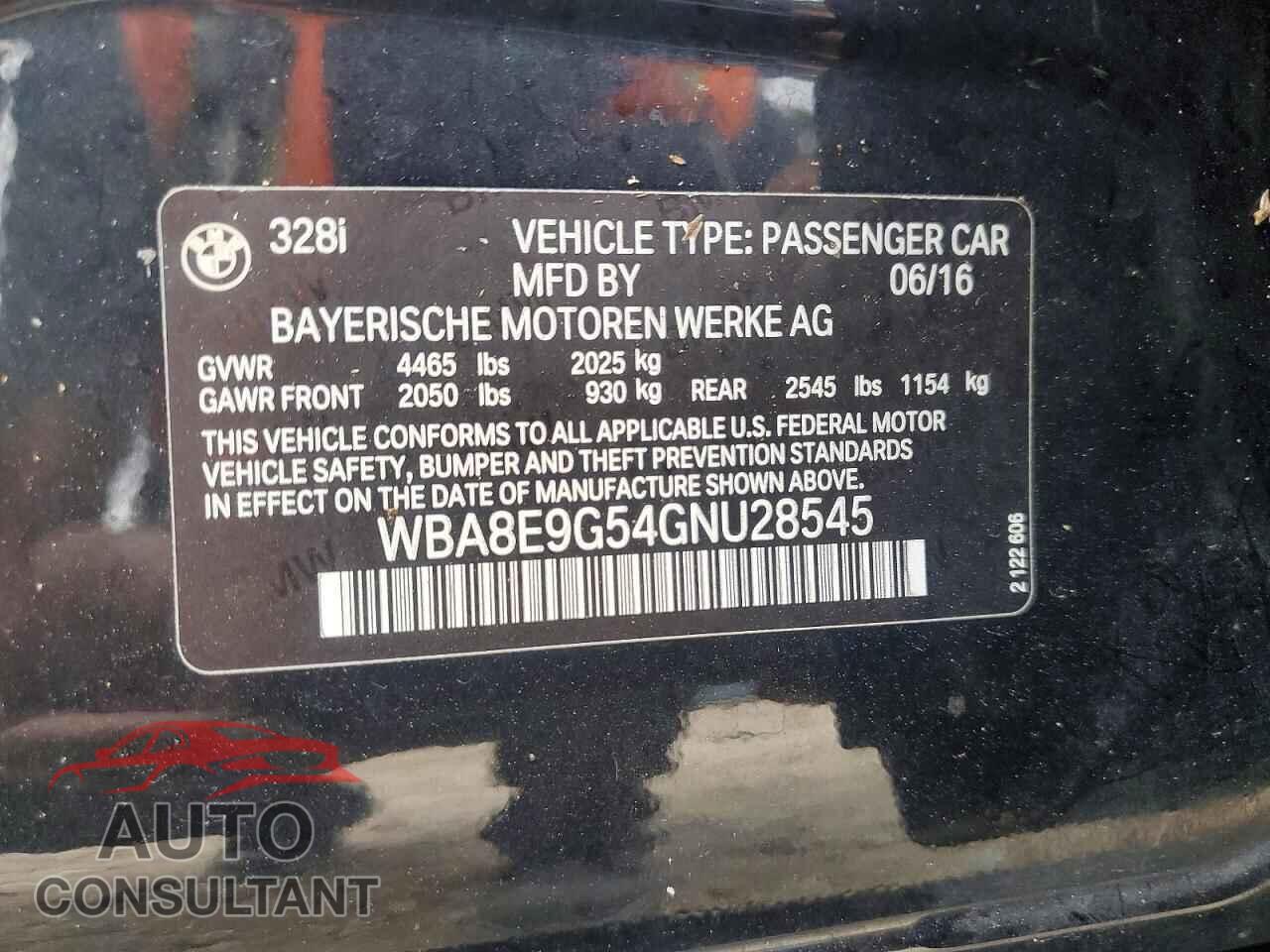 BMW 3 SERIES 2016 - WBA8E9G54GNU28545
