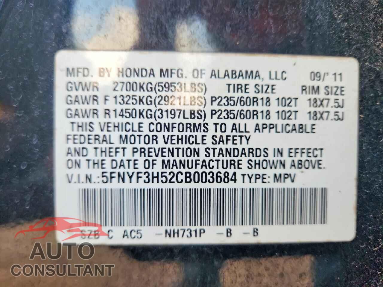 HONDA PILOT 2012 - 5FNYF3H52CB003684