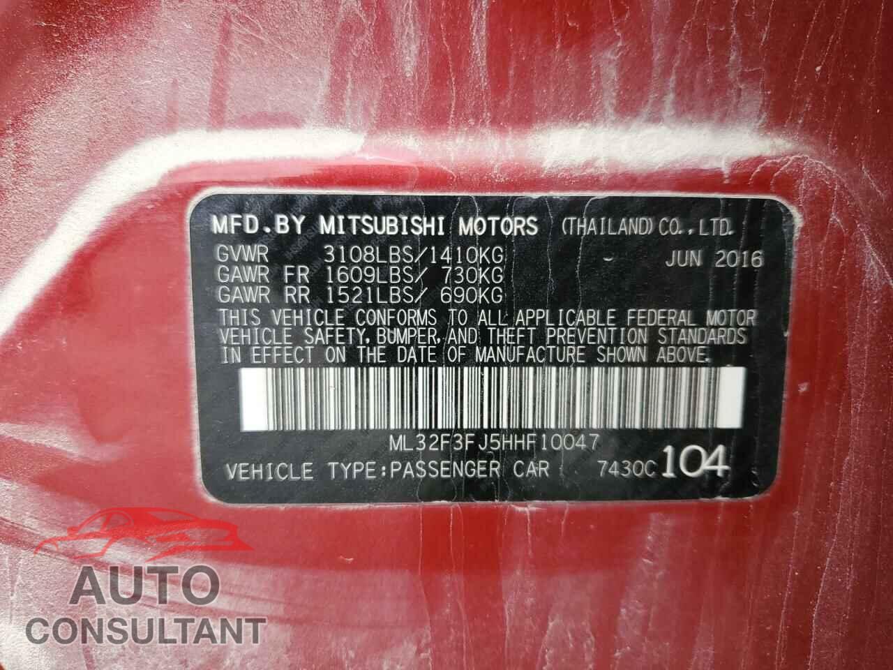 MITSUBISHI MIRAGE 2017 - ML32F3FJ5HHF10047