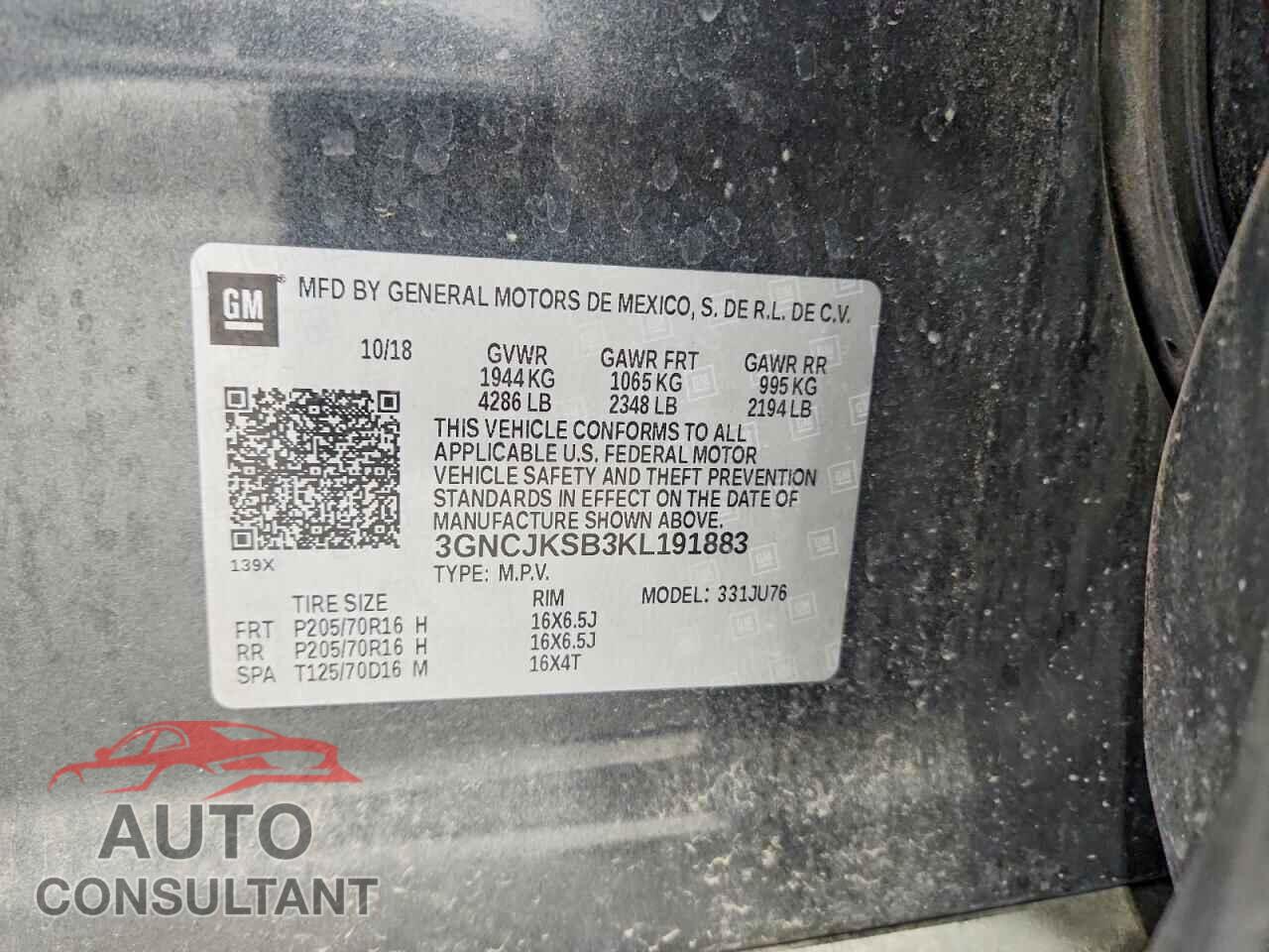 CHEVROLET TRAX 2019 - 3GNCJKSB3KL191883