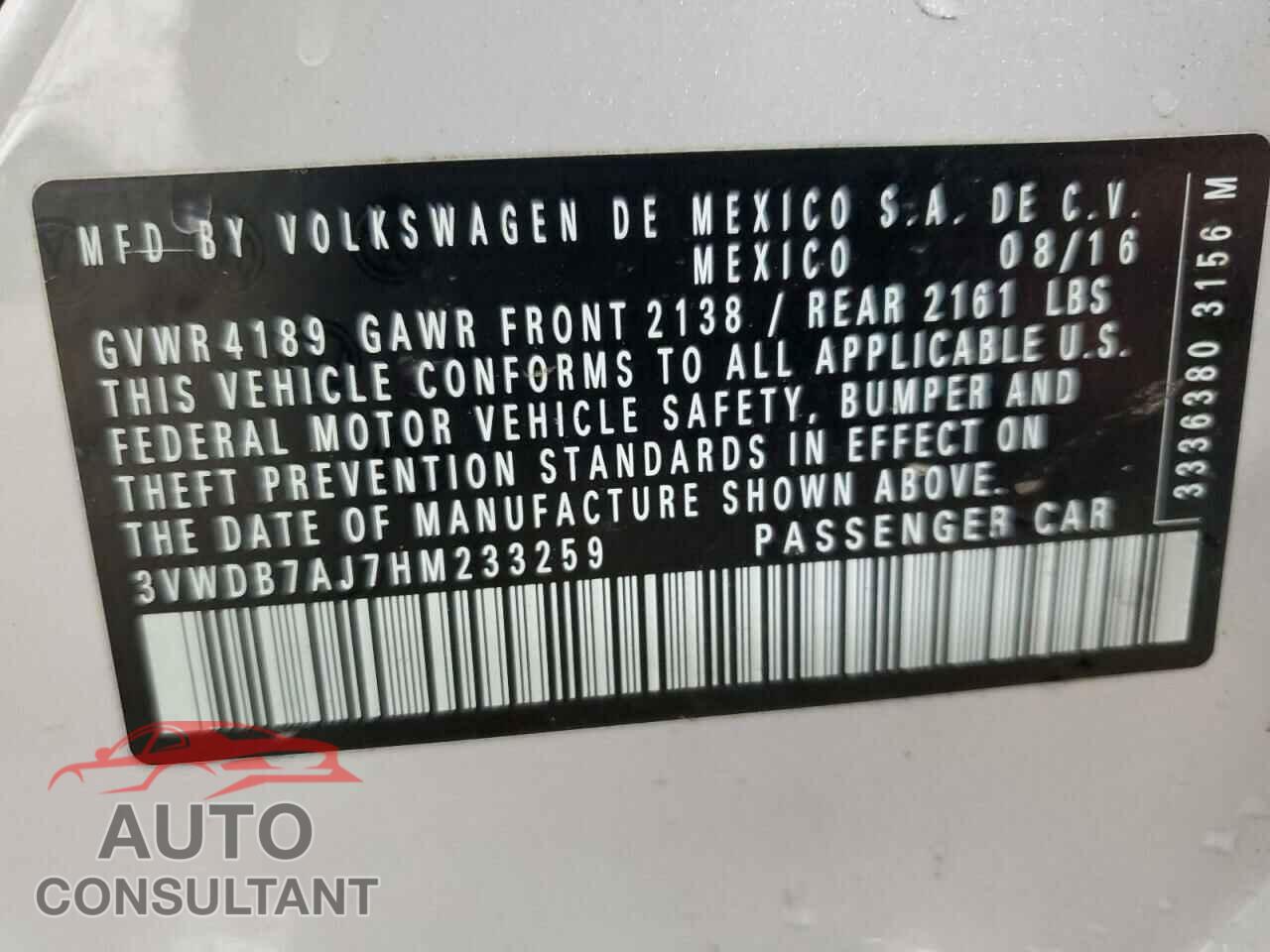 VOLKSWAGEN JETTA 2017 - 3VWDB7AJ7HM233259