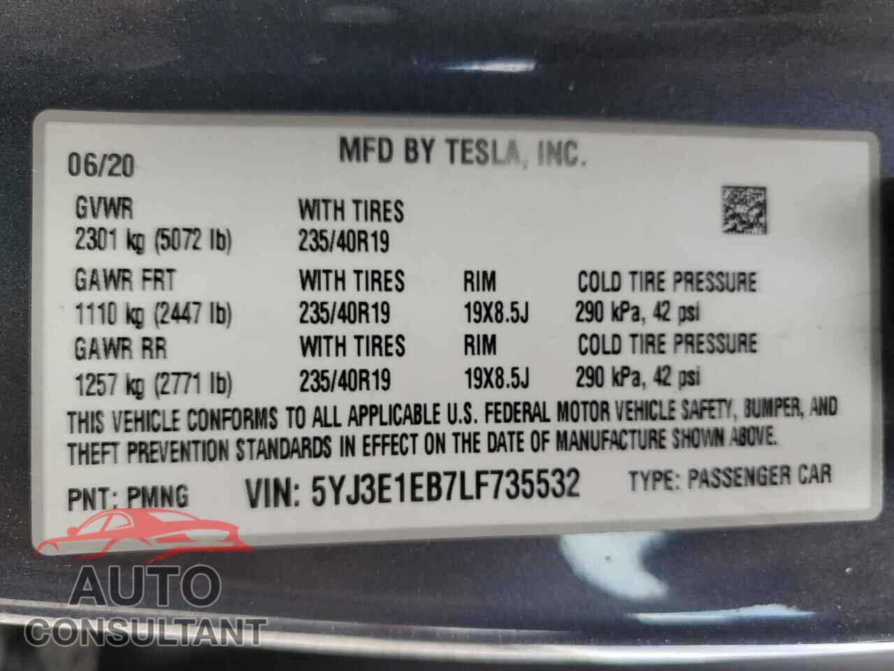 TESLA MODEL 3 2020 - 5YJ3E1EB7LF735532