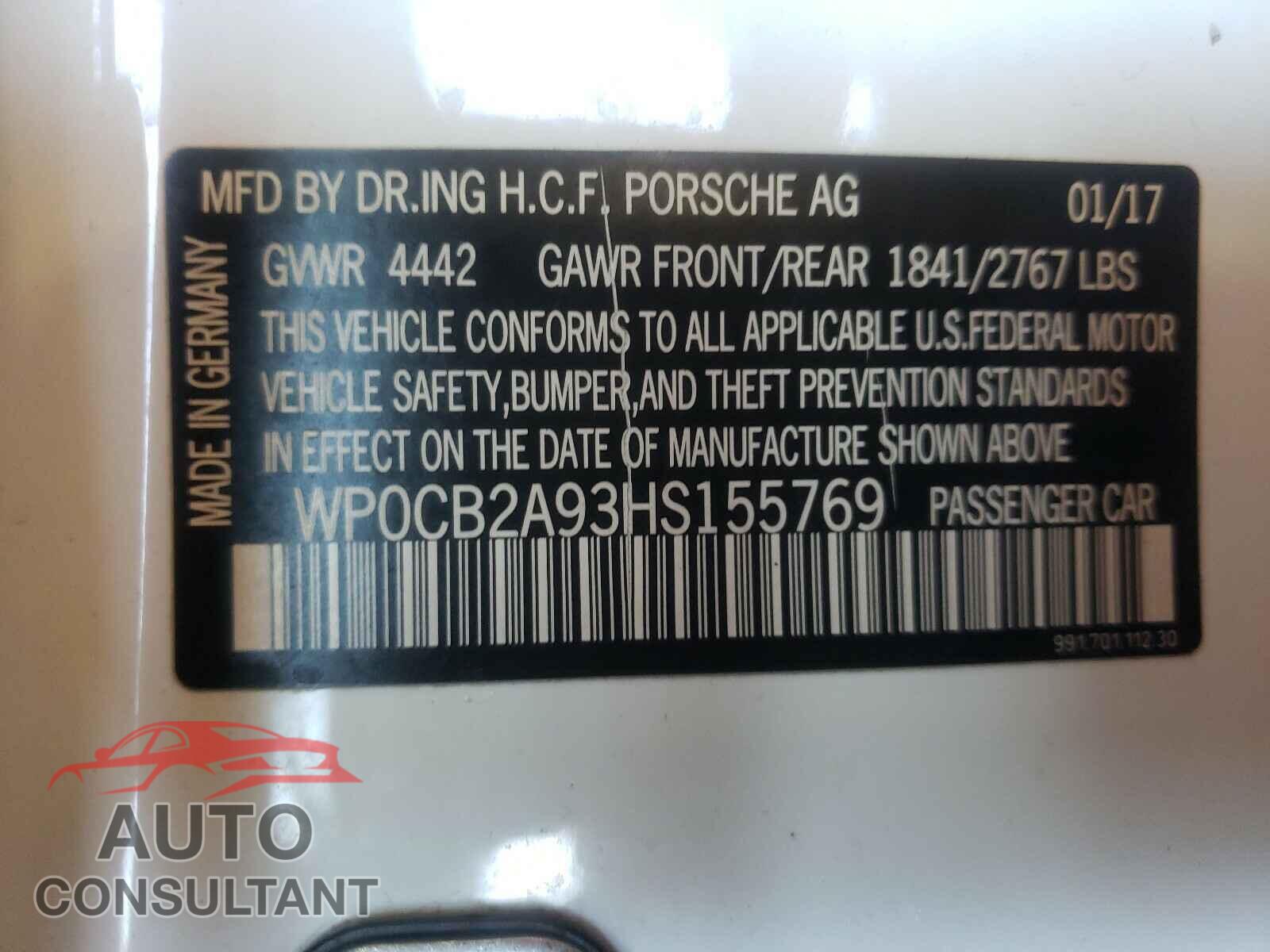 PORSCHE 911 2017 - WP0CB2A93HS155769