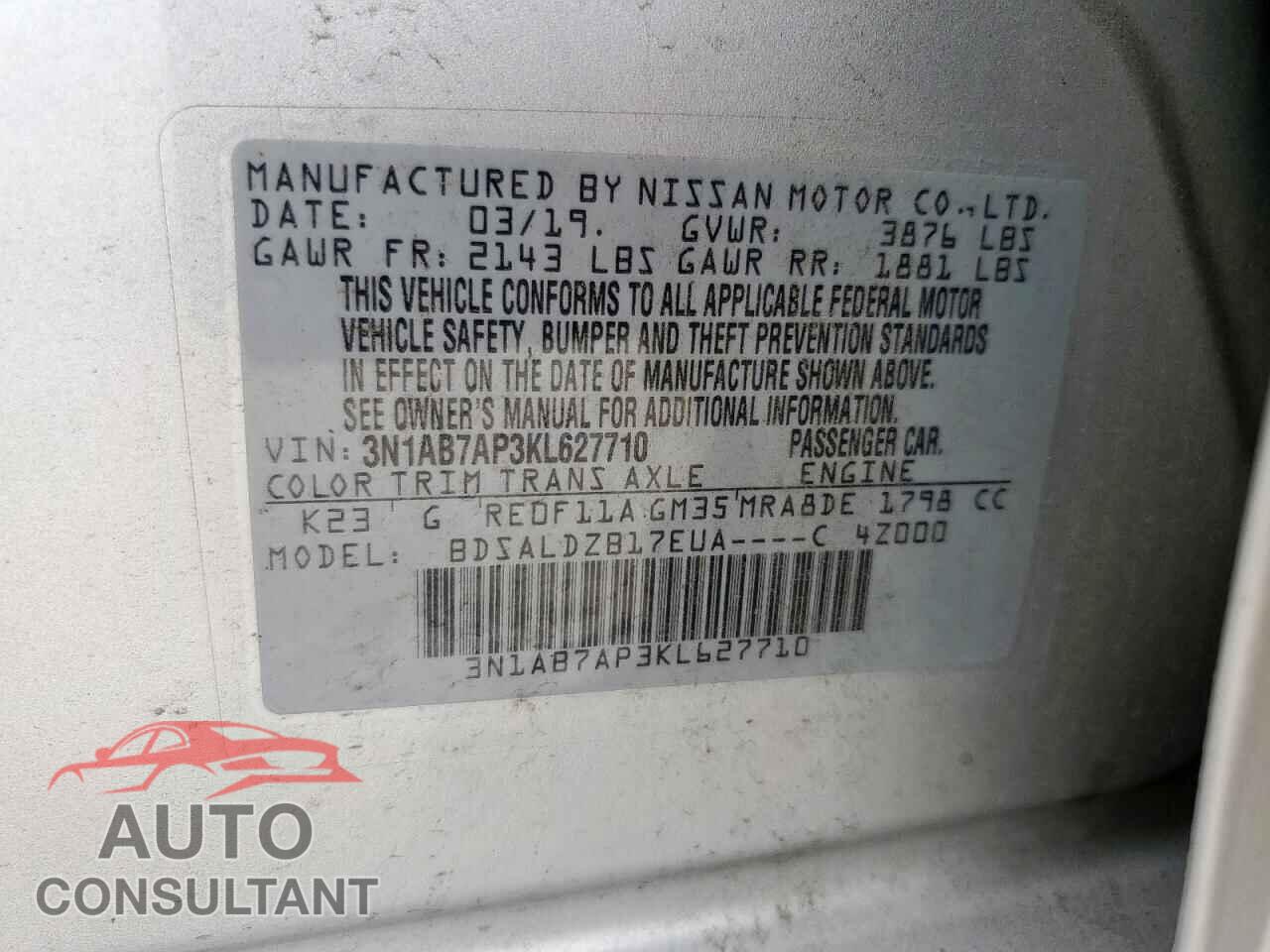 NISSAN SENTRA 2019 - 3N1AB7AP3KL627710