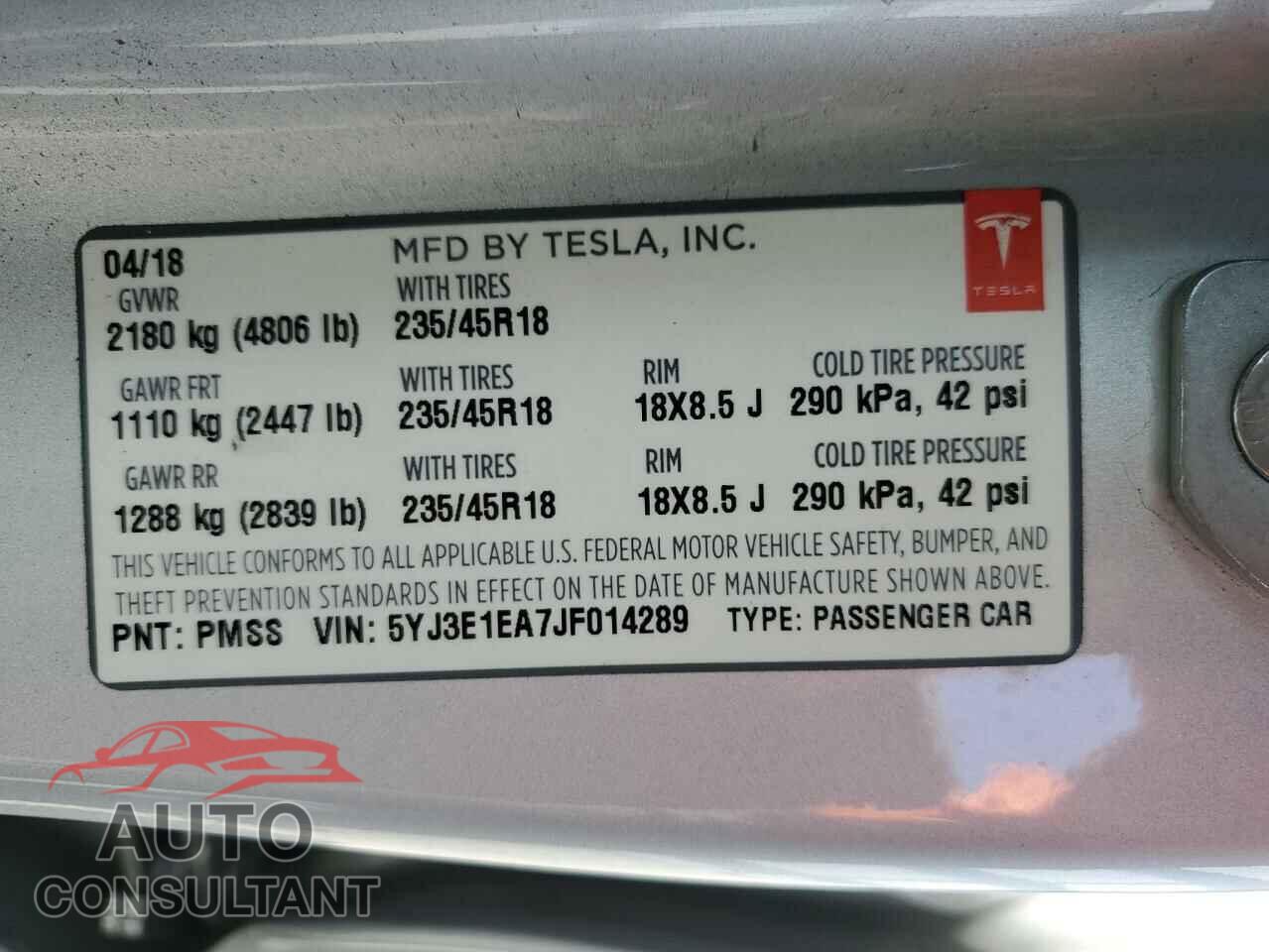 TESLA MODEL 3 2018 - 5YJ3E1EA7JF014289