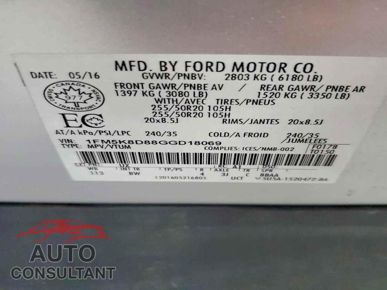 FORD EXPLORER 2016 - 1FM5K8D88GGD18069