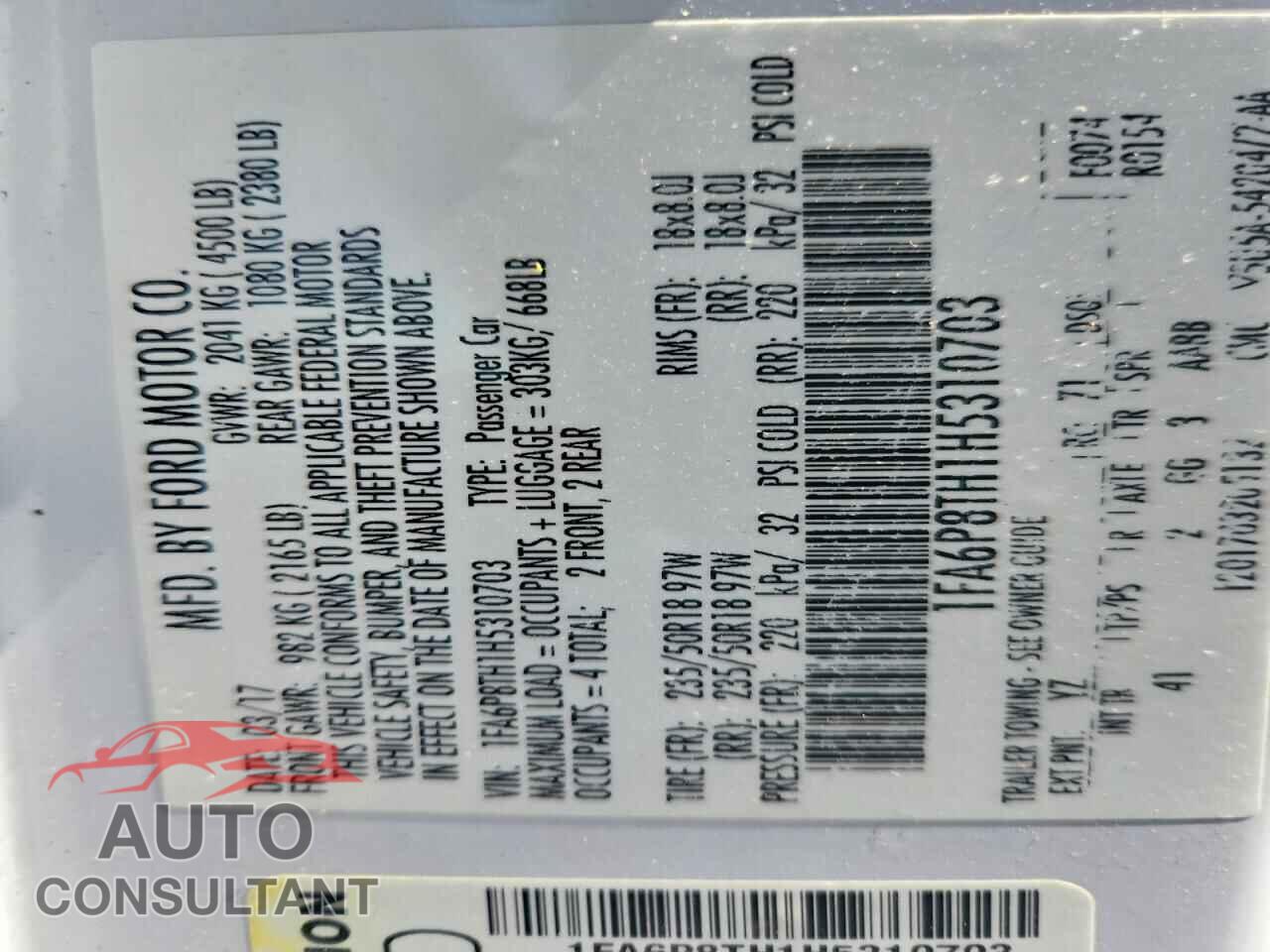 FORD MUSTANG 2017 - 1FA6P8TH1H5310703