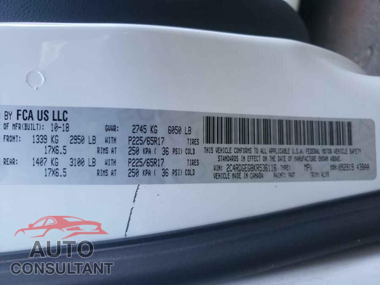 DODGE CARAVAN 2019 - 2C4RDGEG8KR536116