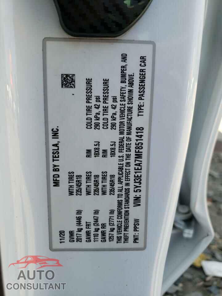 TESLA MODEL 3 2021 - 5YJ3E1EA7MF851418