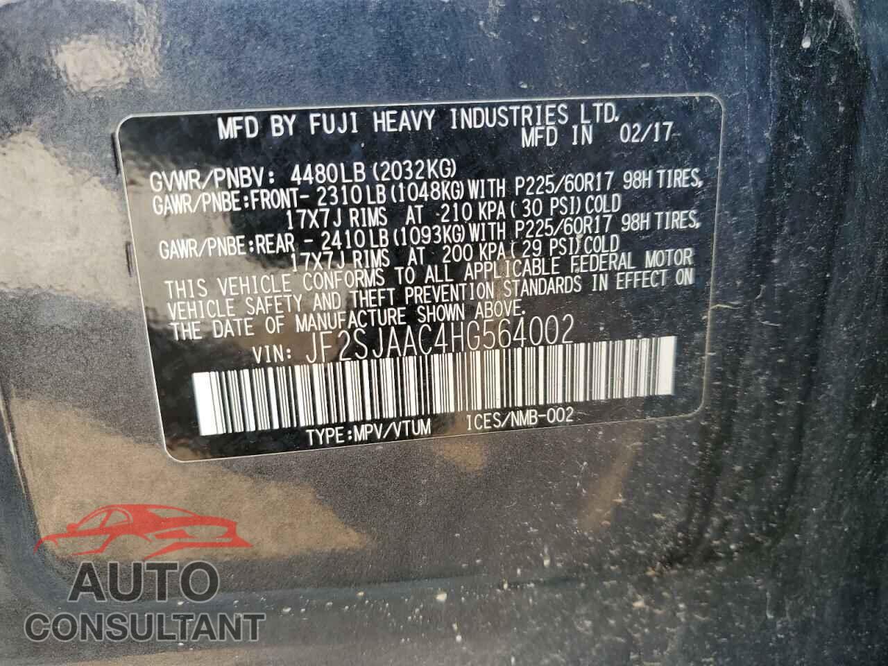 SUBARU FORESTER 2017 - JF2SJAAC4HG564002