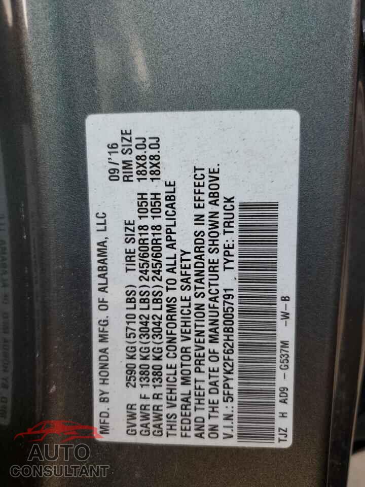 HONDA RIDGELINE 2017 - 5FPYK2F62HB005791