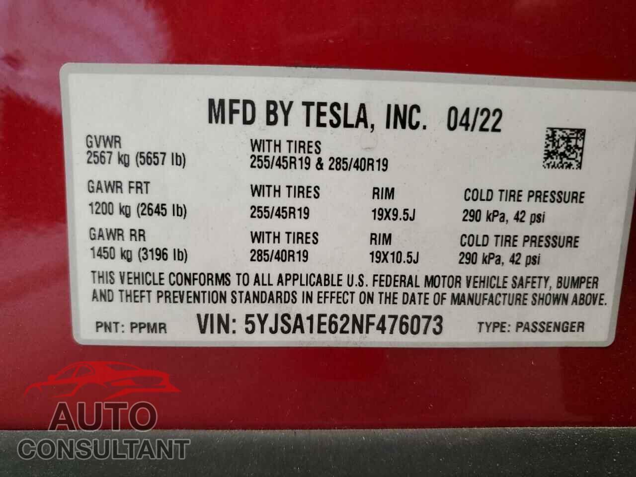 TESLA MODEL S 2022 - 5YJSA1E62NF476073