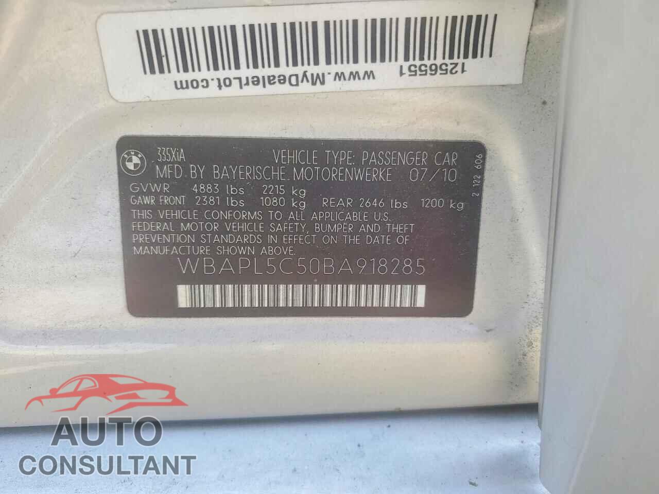 BMW 3 SERIES 2011 - WBAPL5C50BA918285