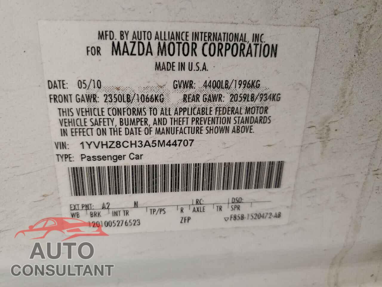 MAZDA 6 2010 - 1YVHZ8CH3A5M44707