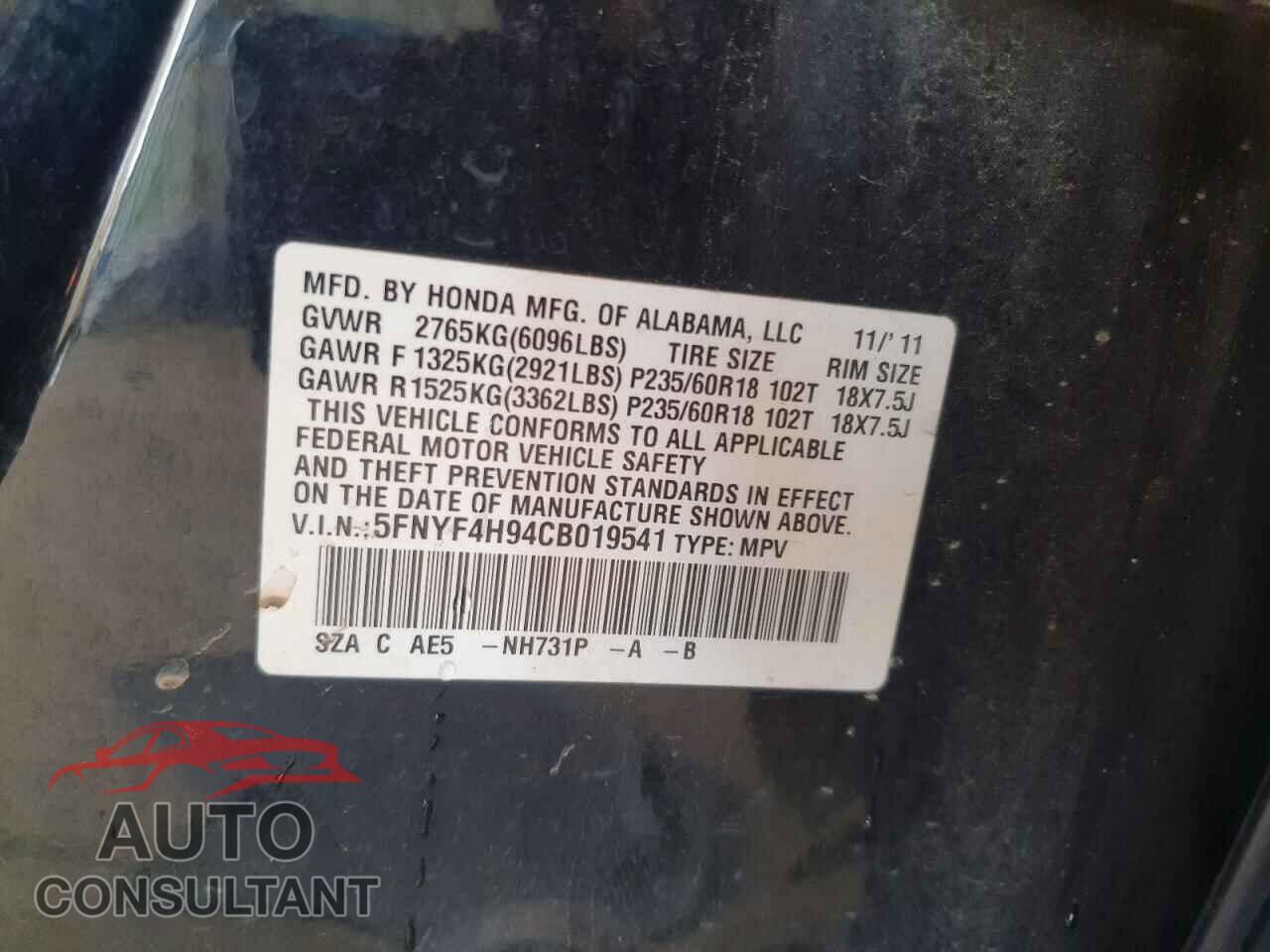 HONDA PILOT 2012 - 5FNYF4H94CB019541