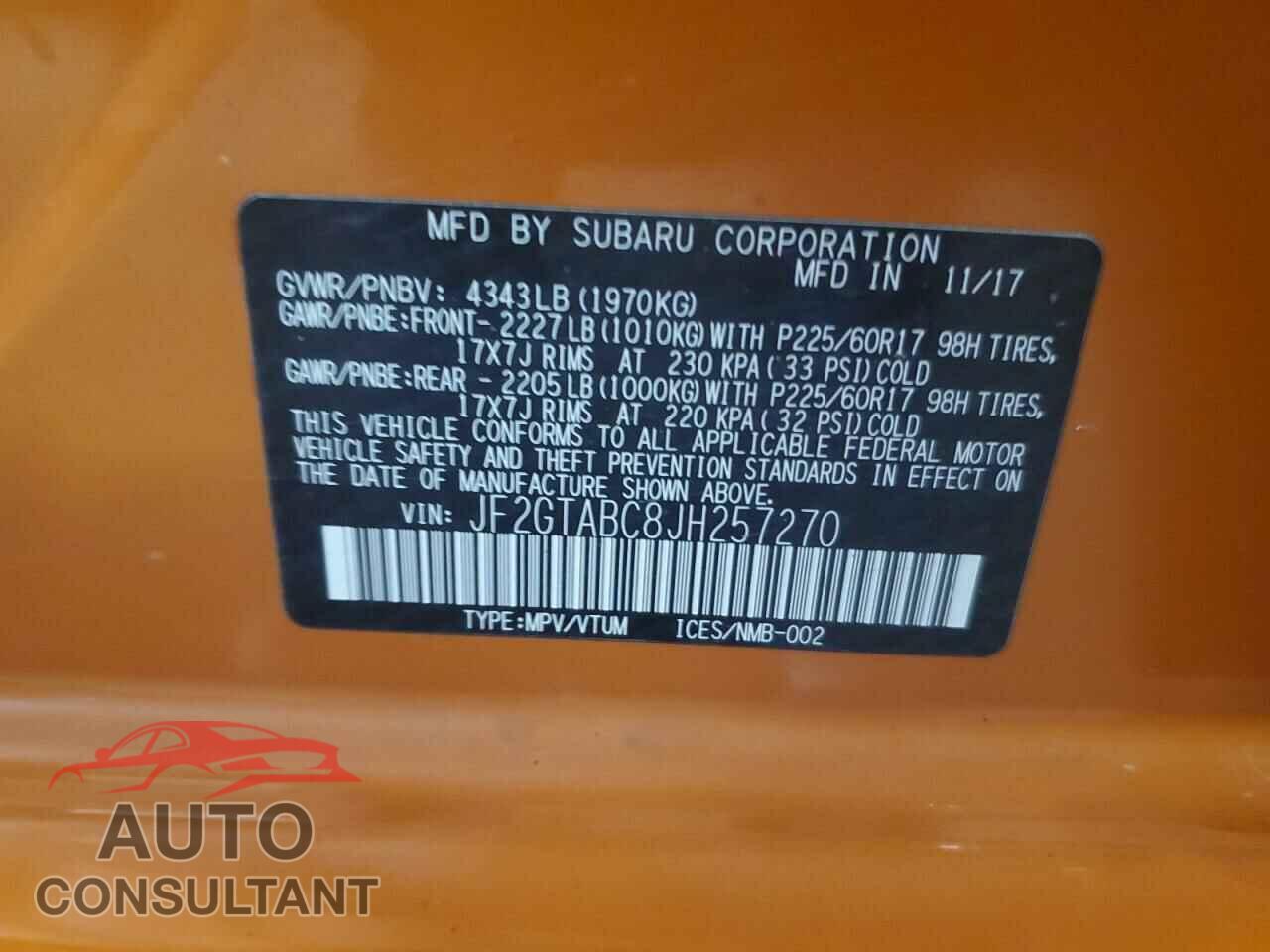 SUBARU CROSSTREK 2018 - JF2GTABC8JH257270