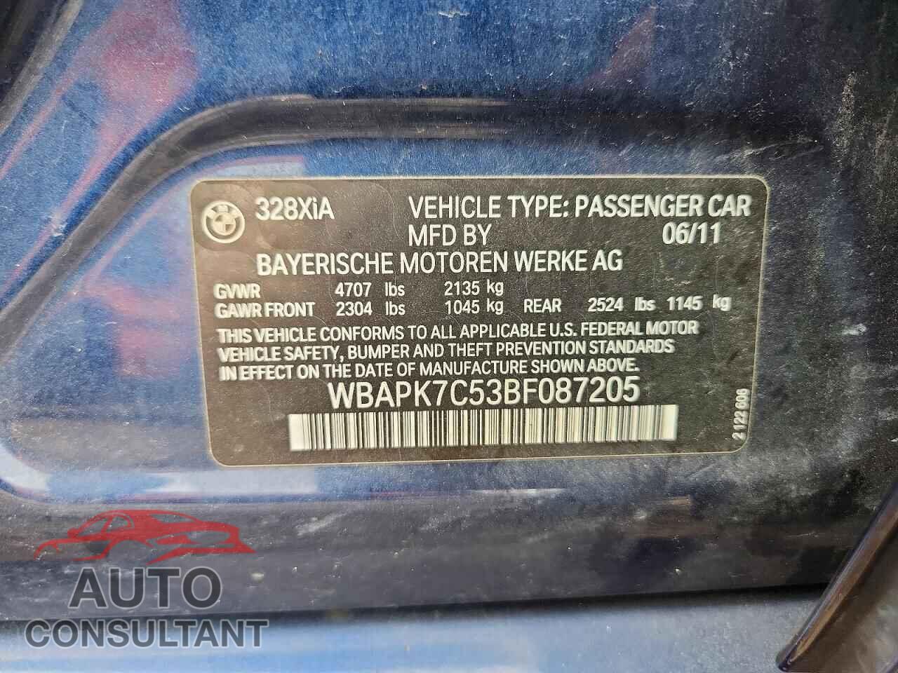 BMW 3 SERIES 2011 - WBAPK7C53BF087205