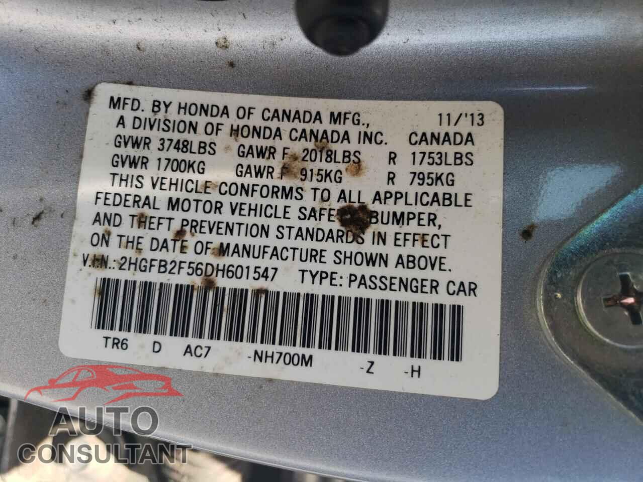 HONDA CIVIC 2013 - 2HGFB2F56DH601547