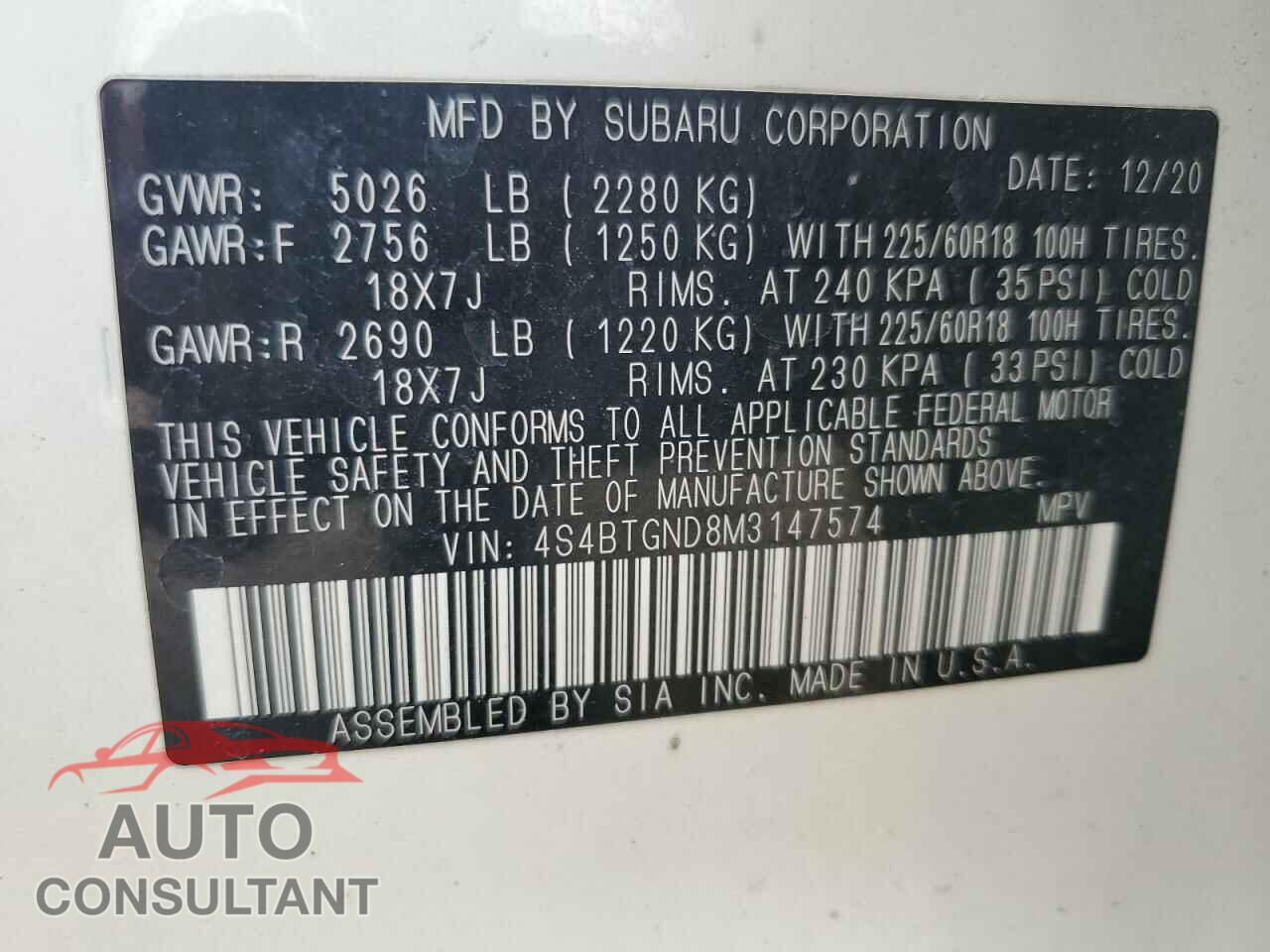 SUBARU OUTBACK 2021 - 4S4BTGND8M3147574
