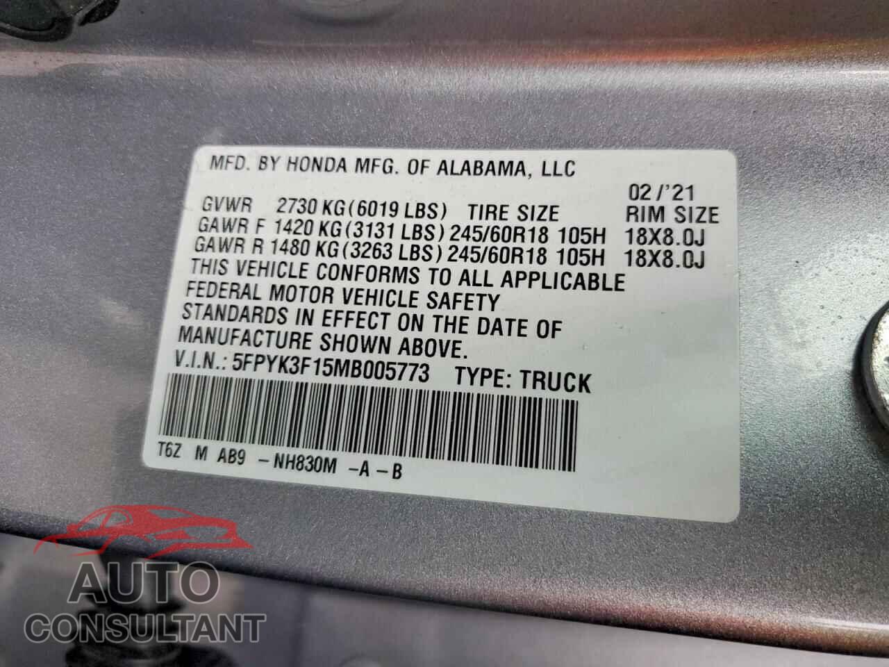 HONDA RIDGELINE 2021 - 5FPYK3F15MB005773
