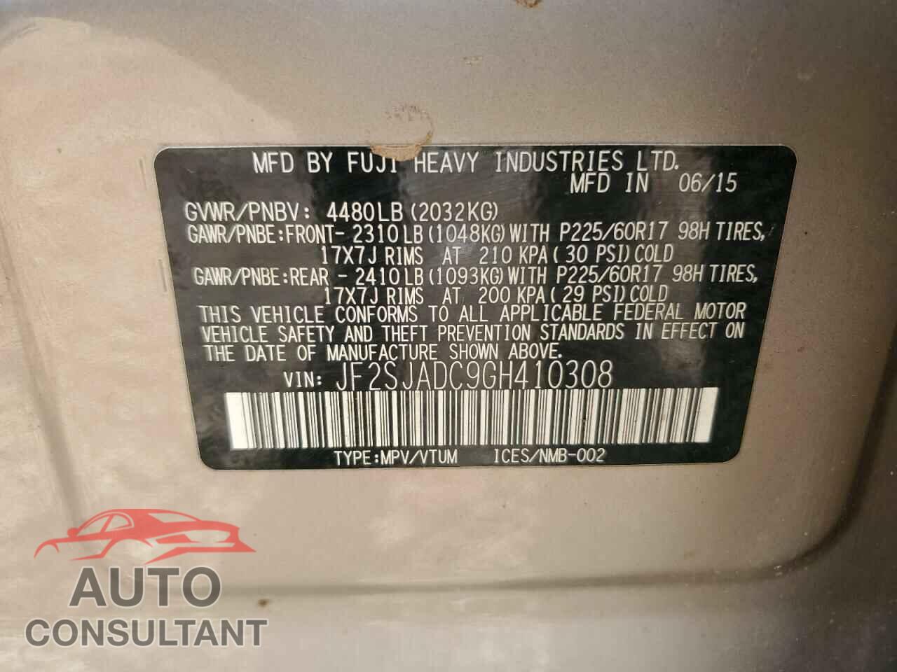 SUBARU FORESTER 2016 - JF2SJADC9GH410308