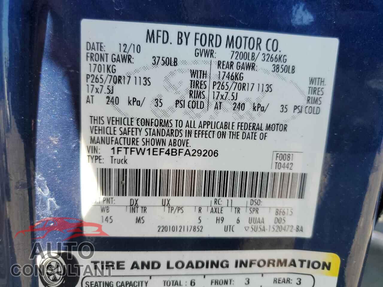 FORD F-150 2011 - 1FTFW1EF4BFA29206
