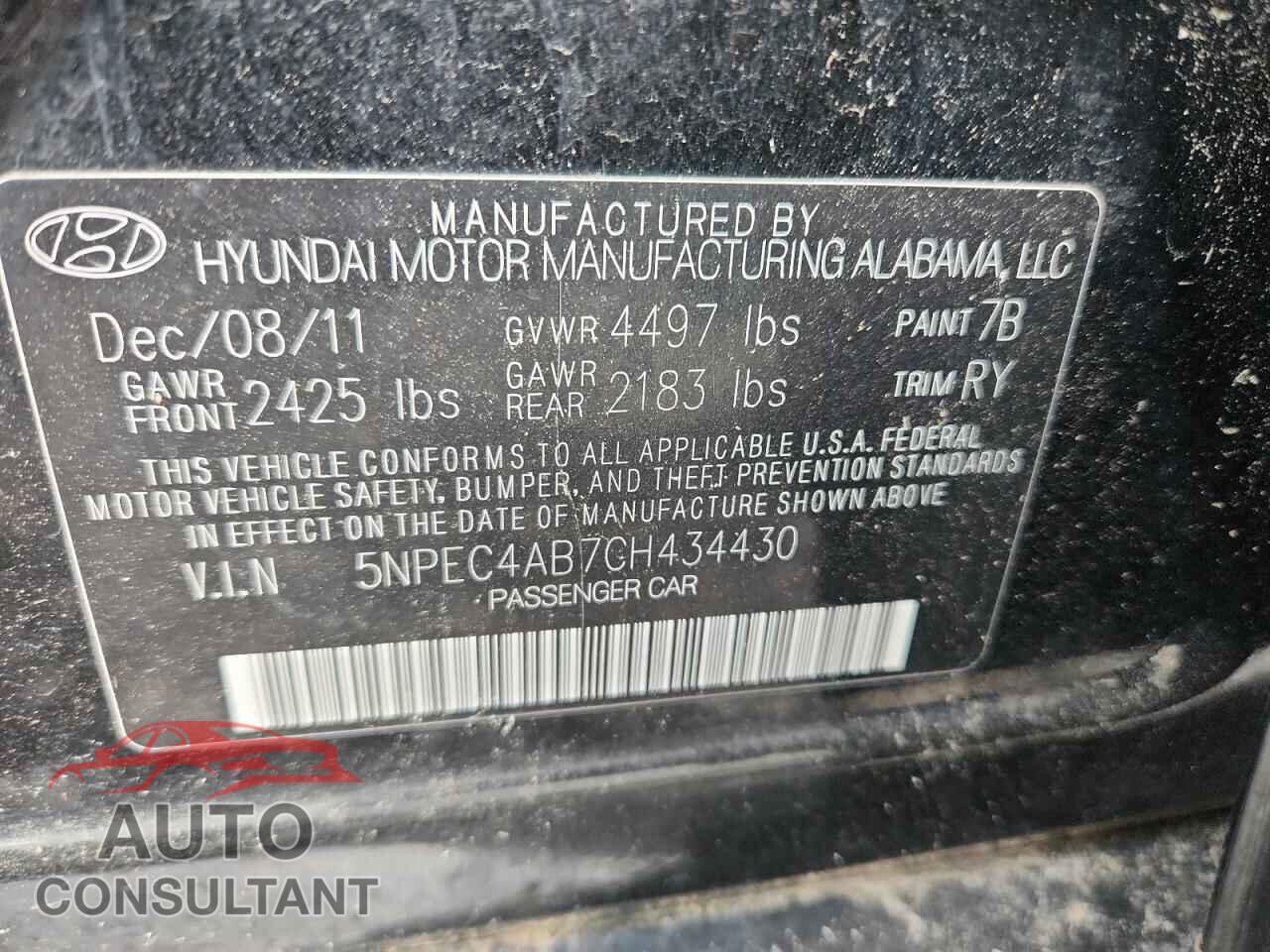 HYUNDAI SONATA 2012 - 5NPEC4AB7CH434430