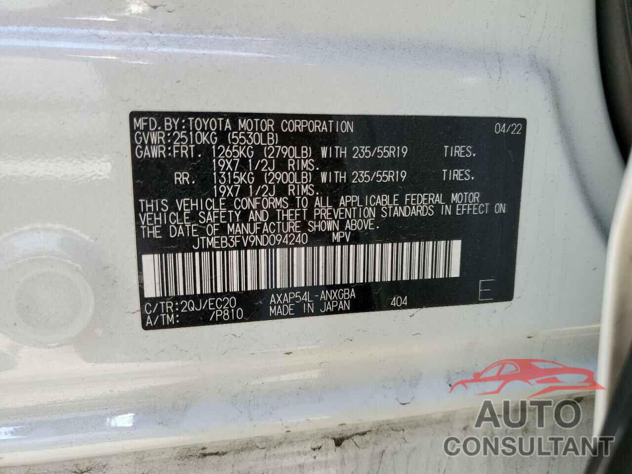 TOYOTA RAV4 2022 - JTMEB3FV9ND094240