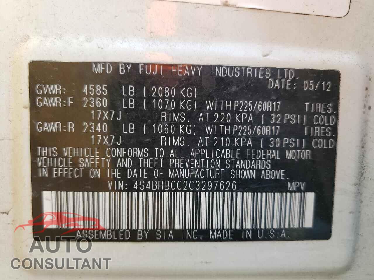 SUBARU OUTBACK 2012 - 4S4BRBCC2C3297626