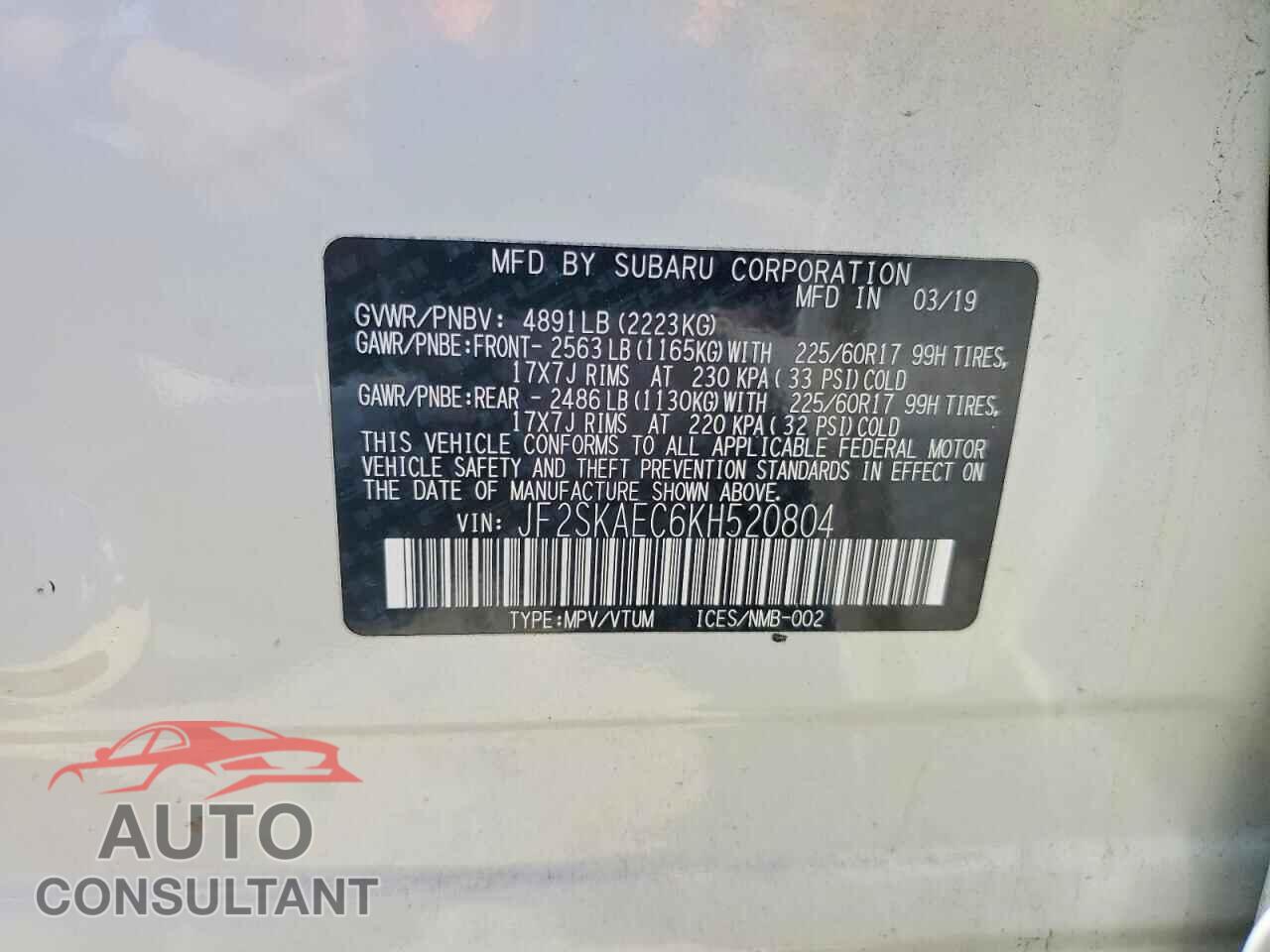 SUBARU FORESTER 2019 - JF2SKAEC6KH520804