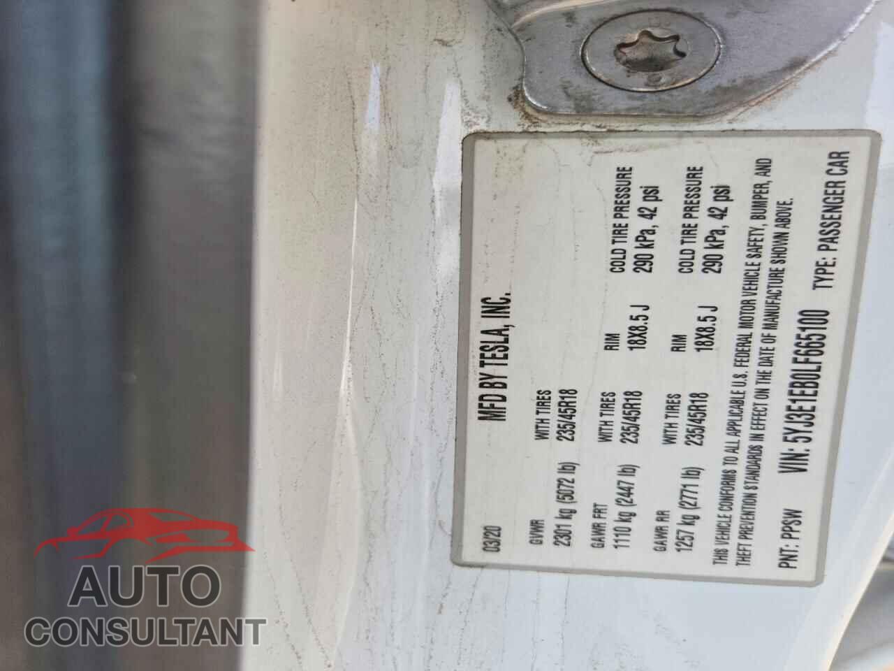 TESLA MODEL 3 2020 - 5YJ3E1EB0LF665100