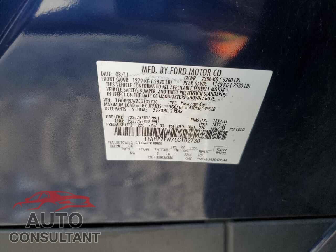 FORD TAURUS 2012 - 1FAHP2EW7CG102730