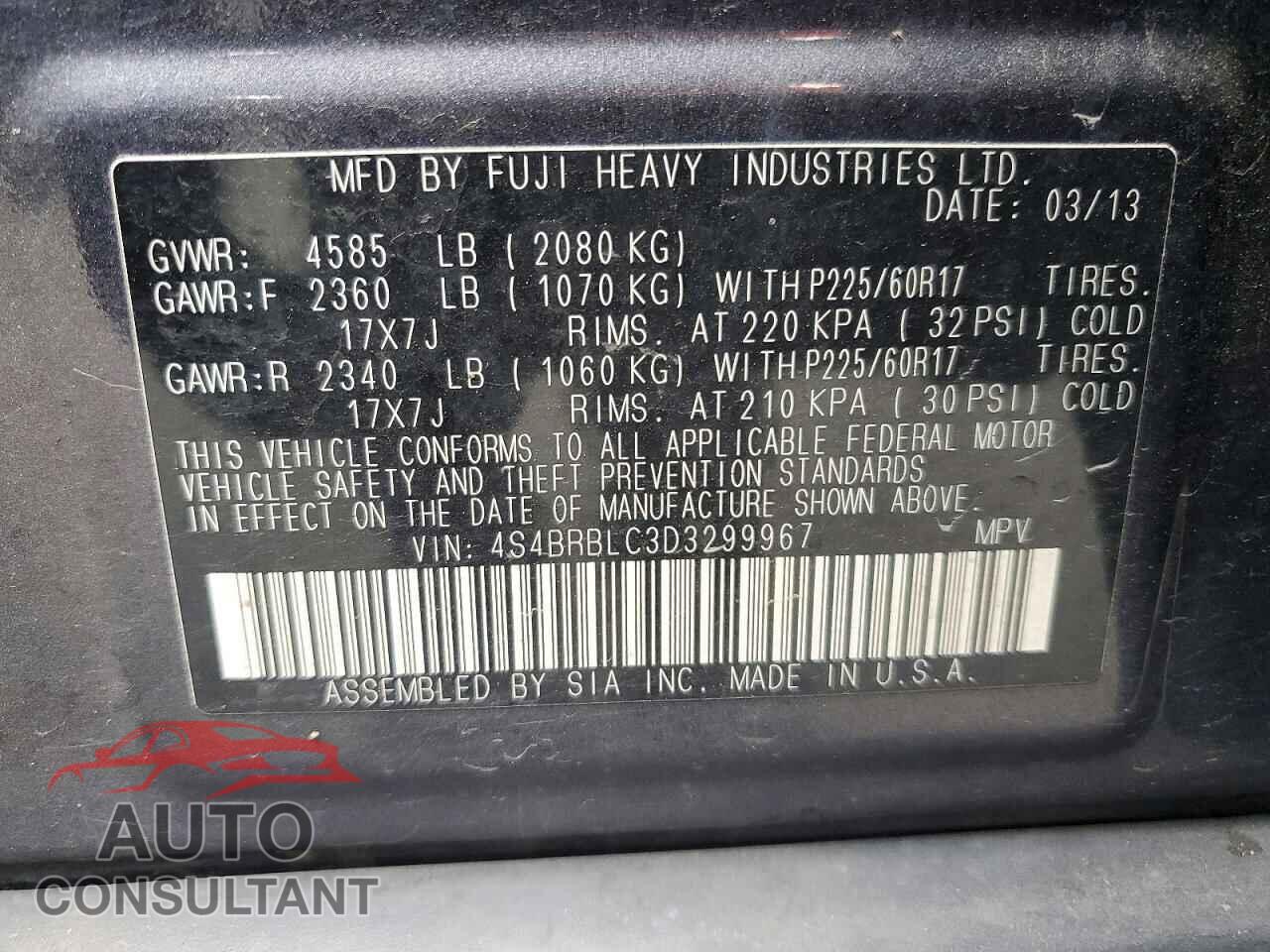 SUBARU OUTBACK 2013 - 4S4BRBLC3D3299967